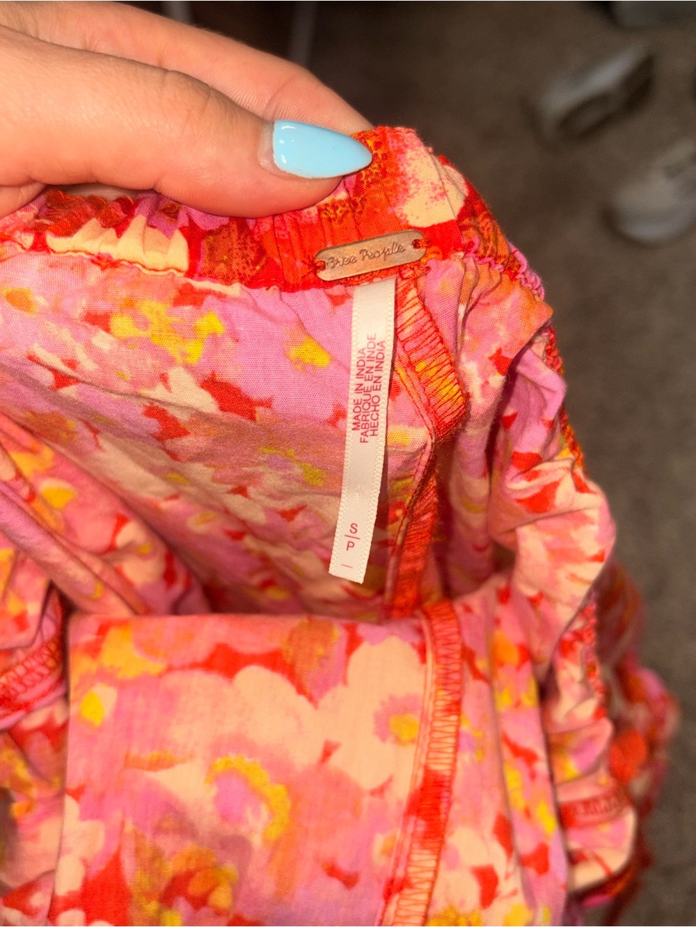 Free People Pink & Red Floral Ruffled Off-Shoulder Top